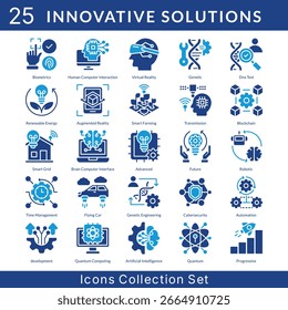 Innovative Solutions icon set collection in solid glyph style. an icon pack contain biometrics, human, computer, interaction, virtual reality, genetic, dna test, renewable energy, augmented reality