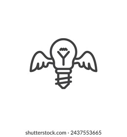 Icono de línea de soluciones innovadoras. signo de estilo lineal para concepto móvil y diseño web. Bombilla con icono de vector de contorno de alas. Símbolo, ilustración del logotipo. Gráficos vectoriales