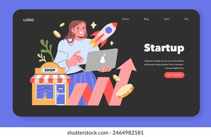 Innovative Startup Launch An entrepreneur with a laptop and rocket symbolizing a soaring start Aspirations and growth are at the heart of this small business Vector illustration