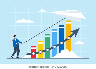 Innovative strategies, strategic agility, data-driven creativity, adapting to market changes concept vector illustration. Business analysts flying paper airplanes with financial charts