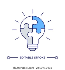 Innovative tasks solutions line color icon. Lightbulb with jigsaw puzzle glowing. Insight sharing. Alternative ideas. Isolated vector illustration. Flat colorful symbol design. Editable stroke