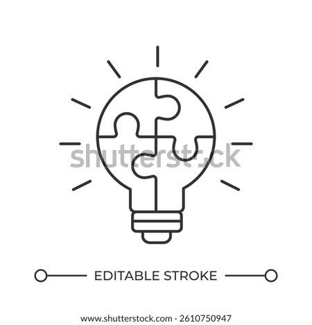 Innovative tasks solutions line icon. Lightbulb with jigsaw puzzle glowing. Insight sharing. Alternative ideas. Isolated vector illustration. Outline symbol. Simple linear drawing. Editable stroke