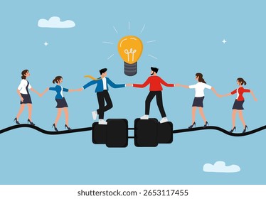 Innovative Teamwork and Business Collaboration Concept. Diverse Employees Holding Hands Across Puzzle Bridge to Achieve Creative Solution and Bright Idea in Corporate Success Strategy