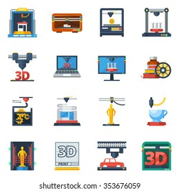 Innovative technologies 3d printing industry service flat icons collection for creating prototypes models abstract isolated vector illustration