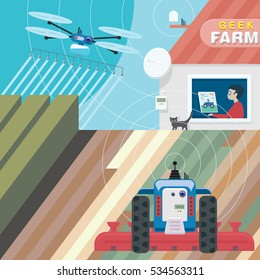 Innovative Technologies In Agriculture, Future Of Farming Illustration Concept. Young Inventor Controlled Agri Bots From His House Using Computer Software And Radio Signal. Vector