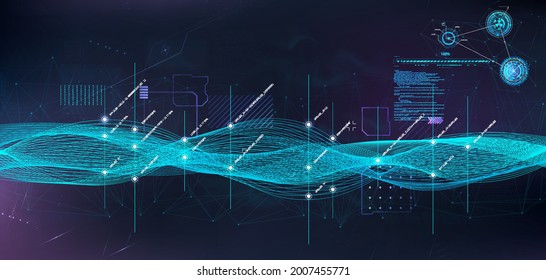 Innovative technologies, big data algorithms in futuristic HUD style. Quantum computing, data visualization technologies, deep learning artificial intelligence, algorithms big data. Vector wave HUD