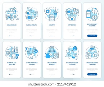 Innovative Technologien - blauer Onboarding-Mobile-App-Bildschirm-Set. Gartenarbeit in 5 Schritten grafische Anleitungen Seiten mit linearen Konzepten. UI, UX, GUI-Vorlage. Myriad Pro-kühne, Standardschriftarten verwendet