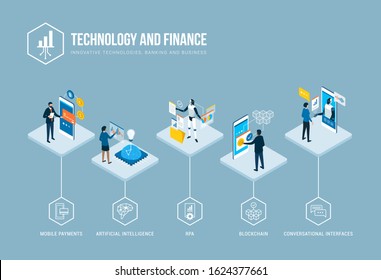 Innovative Technologies And Finance Trends: Mobile Payments, AI, Automation, Blockchain And People Interacting With Digital Interfaces, Vector Infographic