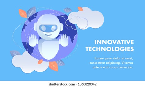 Innovative Technologies Flat Banner Vector Layout. Cute AI Mascot Cartoon Character. Artificial Intelligence, Chatbot, Online Help. Deep Machine Learning Illustration with Text Space