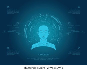 Innovative technologies and humanity concept featuring a human upper body surrounded by HUD elements. Ideal for infographics, posters, or web banners