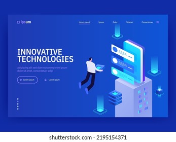 Innovative technologies landing page template. Abstract technology hi-tech communication concept, digital business, innovation, science fiction scene. Vector isometric illustration
