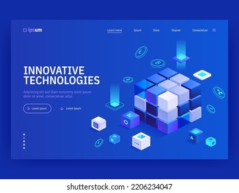 Innovative technologies landing page template. Abstract technology hi-tech communication concept, digital business, innovation, science fiction scene. Vector isometric illustration