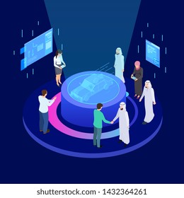 Innovative technologies in mechanical engineering. Autos development international business isometric vector concept. Illustration of presentation blue hologram car, engineering industrial