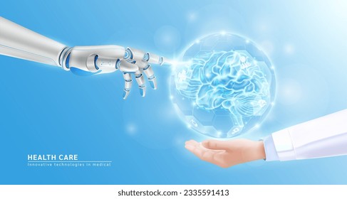 Innovative technologies in medical health care futuristic. Robot hand ai artificial intelligence assistance touch organ human brain virtual simulation in doctor hand. Realistic 3D Vector EPS10.