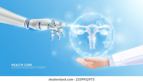 Tecnologías innovadoras en atención médica futurista. Simulación virtual de uterus hembra humana con órgano táctil de inteligencia artificial manual robot con mano artificial. EPS10 vector 3D realista