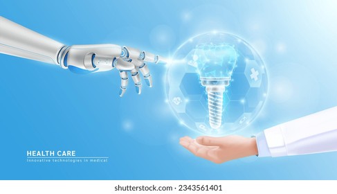 Innovative technologies in medical health care futuristic. Robot hand AI artificial intelligence assistance touch dental implant virtual simulation in doctor hand. Realistic 3D Vector EPS10.