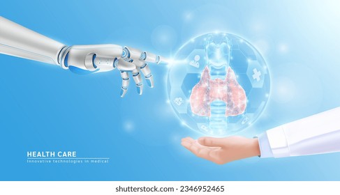 Innovative technologies in medical health care futuristic. Robot hand AI artificial intelligence assistance touch organ human nerve virtual thyroid gland in doctor hand. Realistic 3D Vector EPS10.