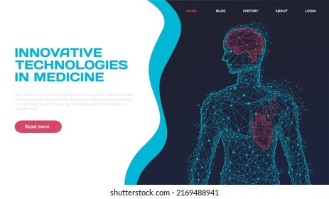 Innovative technologies in medicine concept. Anatomy, diagnostics of organ systems. Poligonal human body with painful areas modern 3D volumetric image for website. Template of medical web page