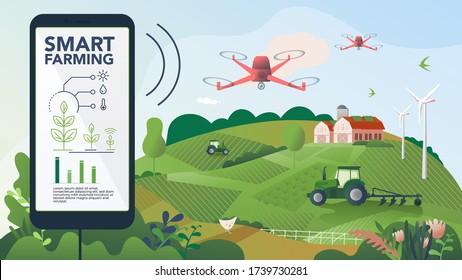 Innovative Technology For Agricultural Companies. Agricultural Automation With Remote Tractor Control. Illustration Of A Smart Farm With Drone Control. Template For Web, Print, And Report.