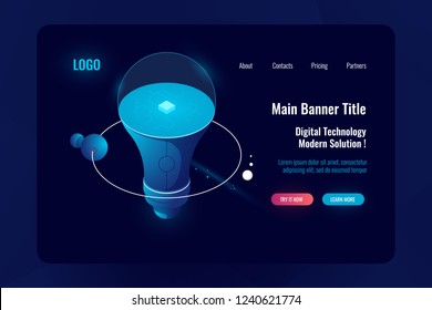 Innovative technology concept, light bulb, orbital space station, big data accumulation and processing, dome data protection blue and white color vector