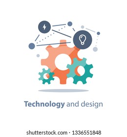 Innovative technology, design solutions, team work concept, new business, start up development, system integration, engineering and maintenance, vector flat illustration