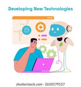 Innovative technology development in a modern environment is depicted through a person contemplating ideas while interacting with a robot and digital interface. Collaboration between humans and