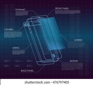 Innovative technology development and product analysis in HUD style. concept development of a new smartphone. 3D touch screen with armored glass