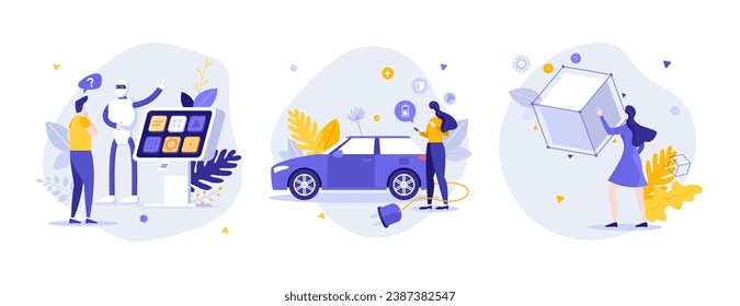 Innovative technology flat concept vector illustrations set. AI consultant, electric car and augmented reality. Digital network and industries abstract metaphor