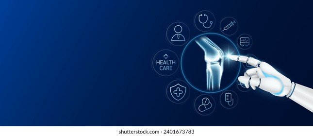 Tecnología innovadora en atención médica futurista. El doctor robot ciborg dedo tocando el hueso de la articulación de la rodilla con iconos médicos. Interfaz virtual de órganos humanos. Anuncio banner espacio vacío para texto. Vector.