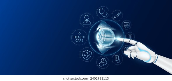 Innovative Technologie im Gesundheitswesen futuristisch. Arzt Roboter Cyborg Finger berührend Augenbinde mit medizinischen Symbolen. Virtuelle Schnittstelle menschlicher Organe. Fügt Banner leeren Platz für Text hinzu. Vektorgrafik.