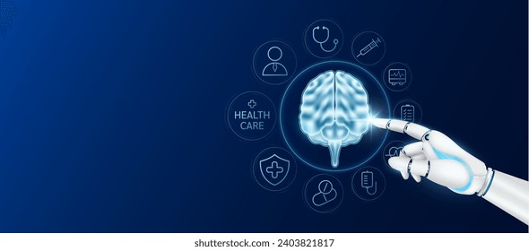 Innovative technology in health care futuristic. Doctor robot cyborg finger touching brain with medical icons. Human organ virtual interface. Ads banner empty space for text. Vector.