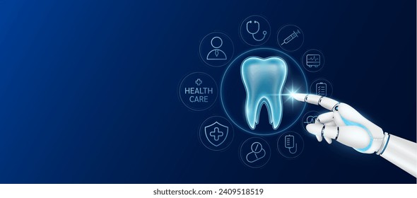 Tecnología innovadora en atención médica futurista. El doctor robot cyborg dedo tocando dientes con iconos médicos. Interfaz virtual de órganos humanos. Anuncio banner espacio vacío para texto. Vector.