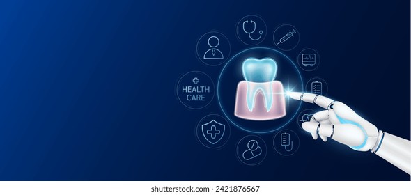 Tecnología innovadora en atención médica futurista. El doctor robot cyborg dedo tocando el diente de la goma con iconos médicos. Interfaz virtual de órganos humanos. Anuncio banner espacio vacío para texto. Vector.