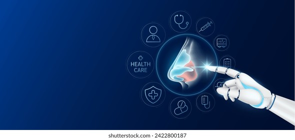 Innovative technology in health care futuristic. Doctor robot cyborg finger touching nose with medical icons. Human organ virtual interface. Ads banner empty space for text. Vector.
