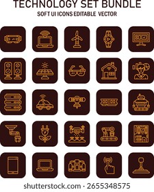 Coleção de ícones de tecnologia inovadora representando dispositivos modernos e conceitos futuros com estilo de interface de usuário flexível para