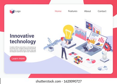 Innovative technology isometric landing page vector template. Male programmers faceless characters. Programming, software development, technological breakthrough web banner homepage design layout