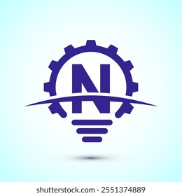 Alfabeto inglés N con bombilla eléctrica y señal de engranaje. Concepto de logotipo de idea creativa
