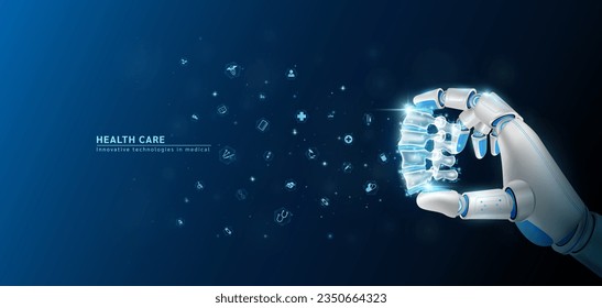 Innovative technology in medical health care futuristic. Hand robot cyborg artificial intelligence AI holding spine bone human organ with virtual interface medical icon network. 3D Vector EPS10.