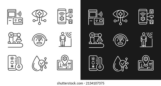 Tecnologías innovadoras píxel perfecto luz y color de tema oscuro conjunto de iconos. Acceso inalámbrico. Internet de las cosas. Dibujos de línea simple rellenos. Clásicos luminosos en blanco y negro. Trazo editable