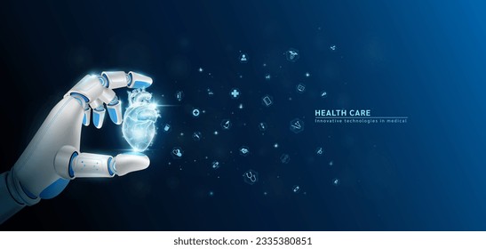 Innovative technology in science medical health care futuristic. Hand robot or cyborg artificial intelligence AI holding heart human organ and virtual interface medical icon network. 3D Vector.