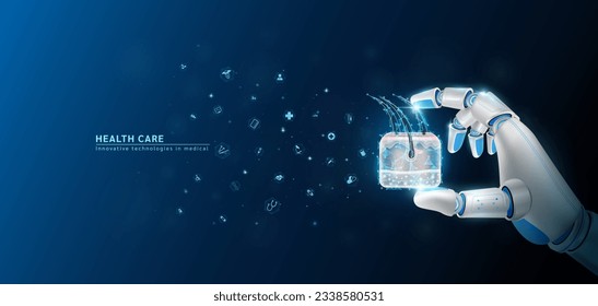 Innovative technology in science medical health care futuristic. Hand robot or cyborg artificial intelligence AI holding hair skin and virtual interface medical icon network. 3D Vector.