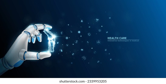 Innovative technology in science medical health care futuristic. Hand robot cyborg artificial intelligence AI holding bone knee joint human organ and virtual interface medical icon network. 3D Vector.