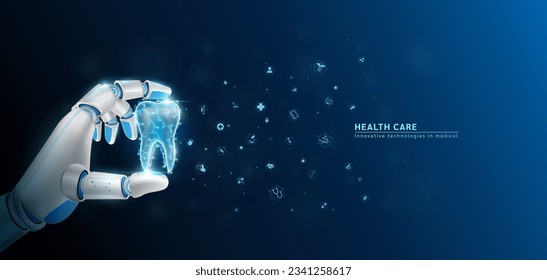 Tecnología innovadora en la ciencia de la atención médica futurista. Robot manual o ciborg inteligencia artificial AI sujetando órganos humanos dentarios y red de íconos médicos de interfaz virtual. Vector 3D.