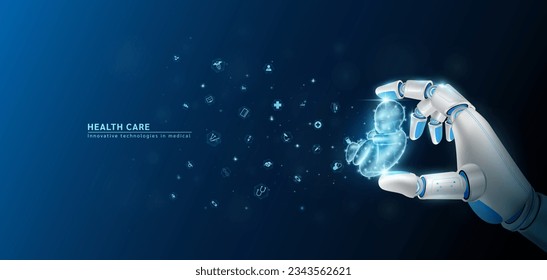 Innovative technology in science medical health care futuristic. Hand robot or cyborg artificial intelligence AI holding embryo and virtual interface medical icon network. 3D Vector.