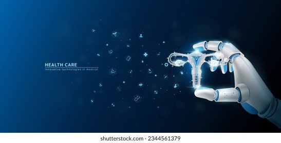 Innovative technology in science medical health care futuristic. Hand robot or cyborg artificial intelligence AI holding female uterus human organ and virtual interface medical icon network. 3D Vector