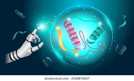 Innovative technology in science medical health care futuristic. Hand robot or cyborg artificial intelligence AI generating novel proteins. 