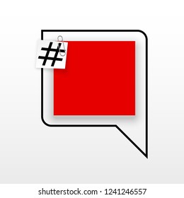 Innovative template against the White backdrop. Red flat paper Creative banner illustration with hashtag in a frame with clip. Red Color paper template modern typography hashtag design with clip