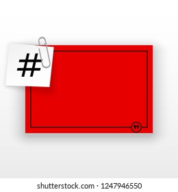 Innovative template against the White backdrop. Red flat paper Creative banner illustration with hashtag in a frame with clip. Red Color paper template modern typography hashtag design with clip