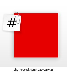 Innovative template against the White backdrop. Red flat paper Creative banner illustration with hashtag in a frame with clip. Red Color paper template modern typography hashtag design with clip