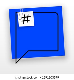 Innovative template against the White backdrop. Blue flat paper Creative banner illustration with hashtag in a frame with clip. Blue Color paper template modern typography hashtag design with clip